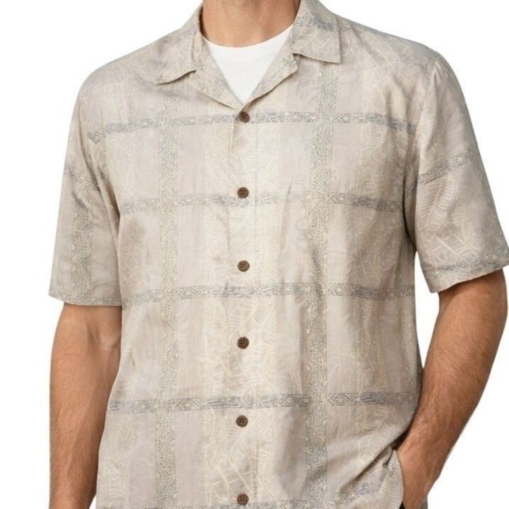Tommy Bahama Cotton Camp Shirt Large Beige Embroidered Floral Stripe Hawaiian‎